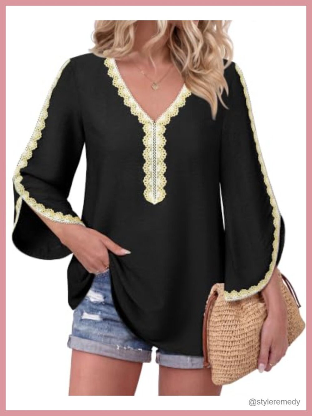 Womens Boho Peasant Top V Neck Flutter Sleeve Lace Embellished Blouse